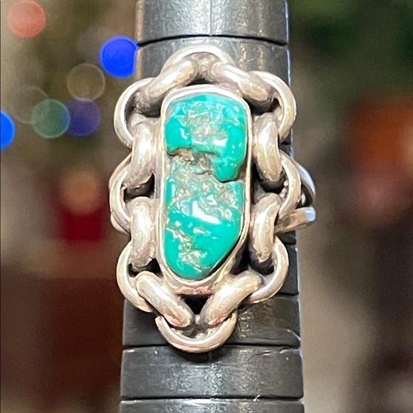 Vintage Native American Signed Turquoise Chain Link Sterling Silver Ring - Picture 6 of 9